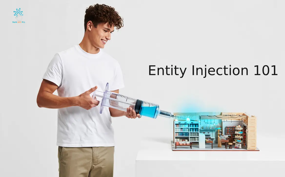 Young SEO professional injecting a giant SEO needle into a strip mall - entity schema injection concept art