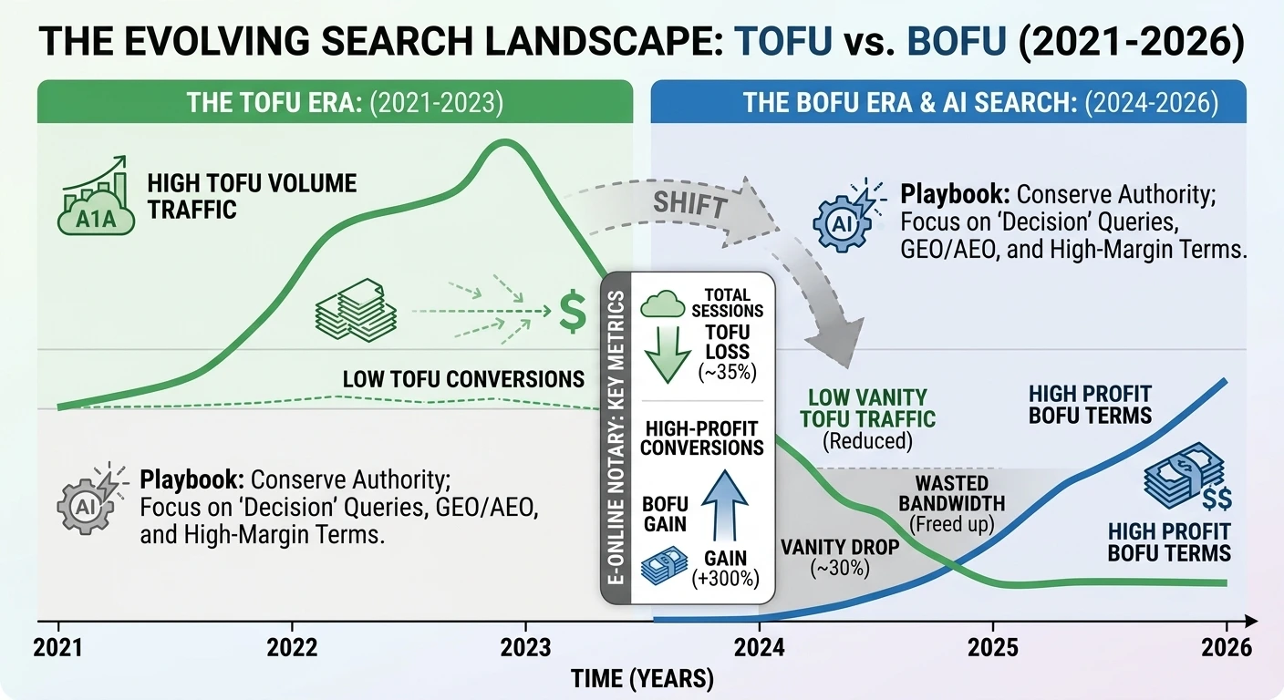 TOFU versus BOFU traffic chart showing the shift toward high-intent AI search conversions