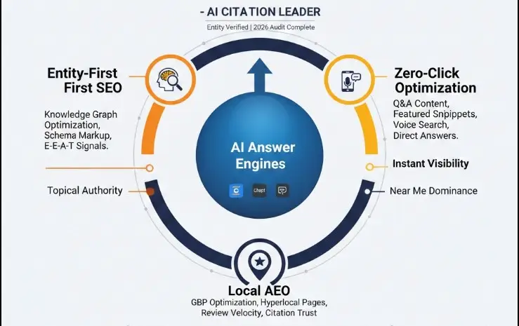 Circular infographic showing entity-first SEO and GEO strategy - diagram depicts how entities connect to form knowledge graphs for AI visibility