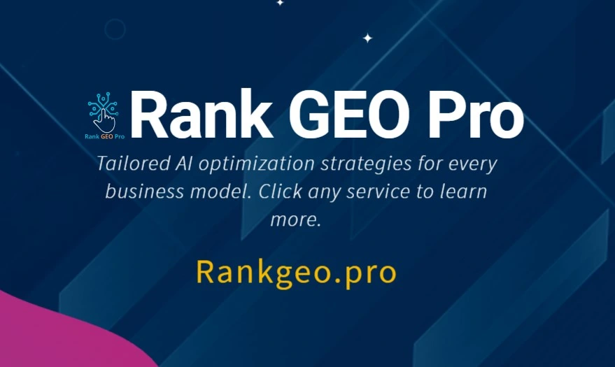 Rank GEO Pro logo with technical background showing AI citation metrics and GEO optimization data points.